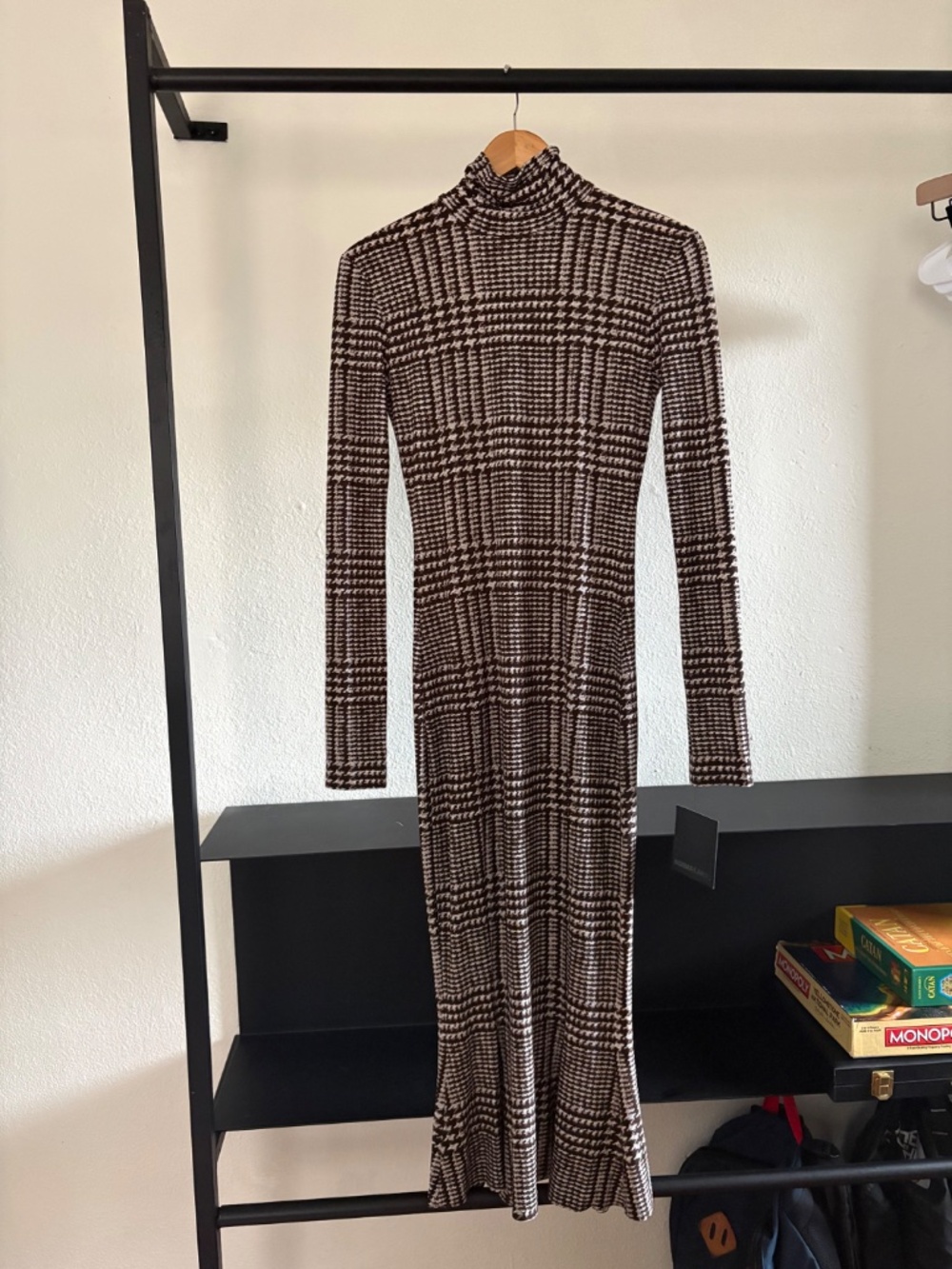 NORMA KAMALI Houndstooth Long Sleeve Turtle Fishtail Midi Dress Chocolate Plaid - Picture 2 of 5